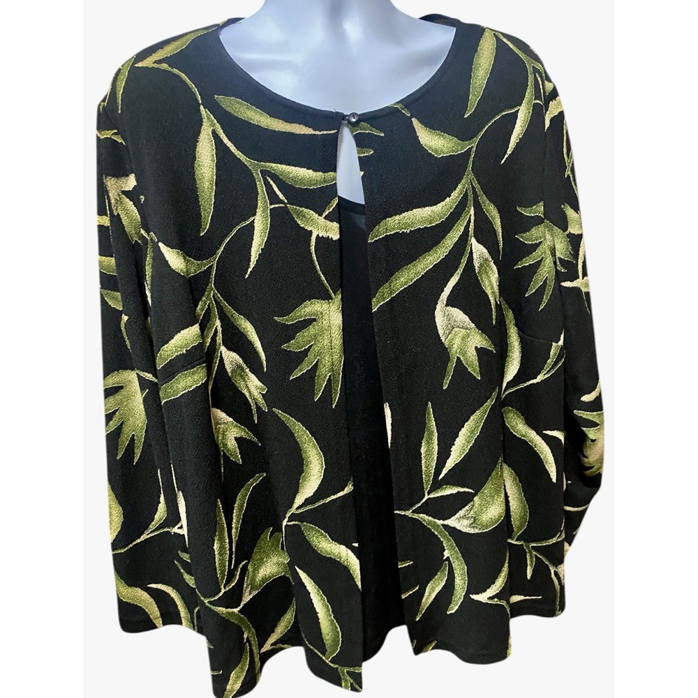 Requirements Woman Blouse 3X Twofer Black Green Long Sleeve Round Neck Leaf